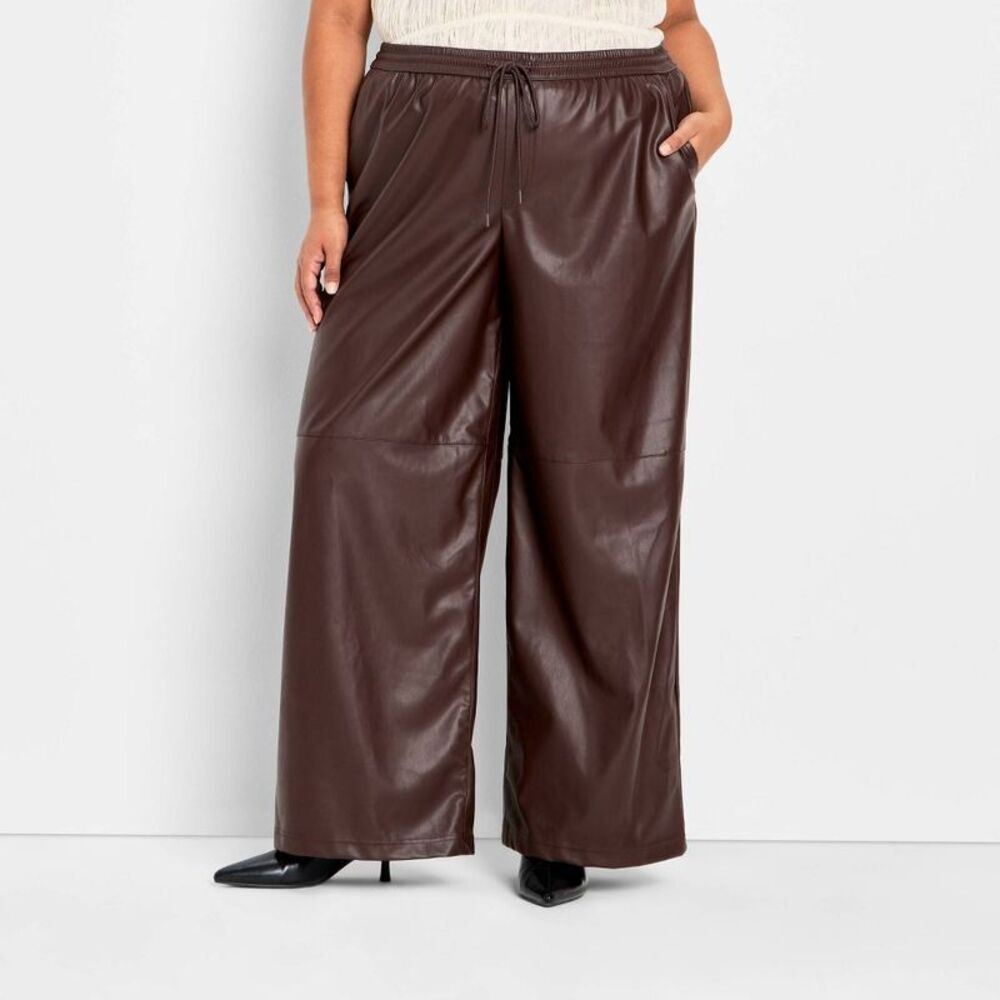 Women's Mid-Rise Wide Leg Faux Leather Pull-On Pants - Brown 3X